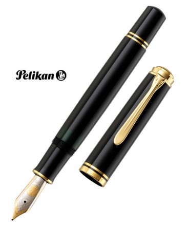 Stylo Plume Pelikan Souverän à Piston, Résine Noire Avec Anneaux Dorés, Plume Fine - Neuf Sans Boîte